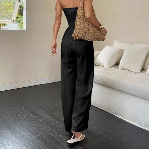 Black Casual Women's Shirred Tube Jumpsuit - Picture 3 of 7